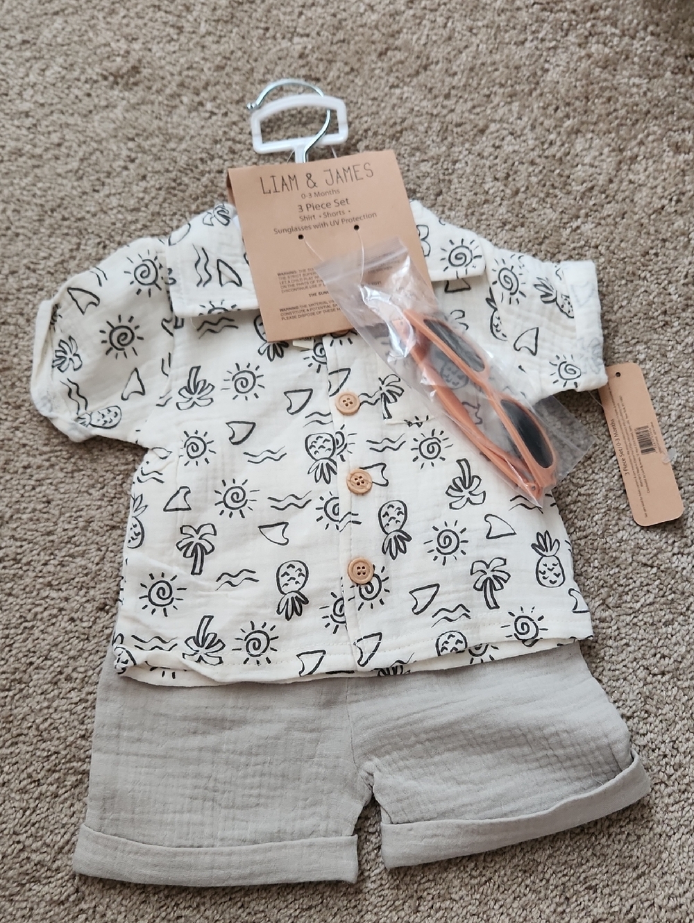 Liam & James Baby 3-Piece Tropical Shirt Set with Tan Shorts - Cream/Black
